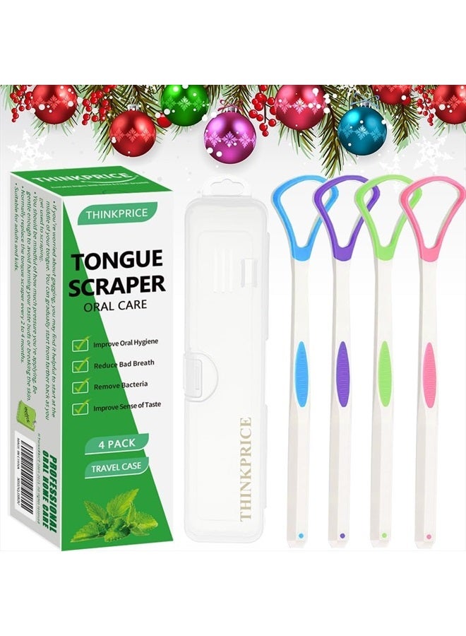 Tongue Scraper Cleaner 100% BPA Free Tongue Scrapers with Travel Handy Case for Adults, Kids, Healthy Oral Care, Easy to Use, Help Fight Bad Breath (4 PACK)