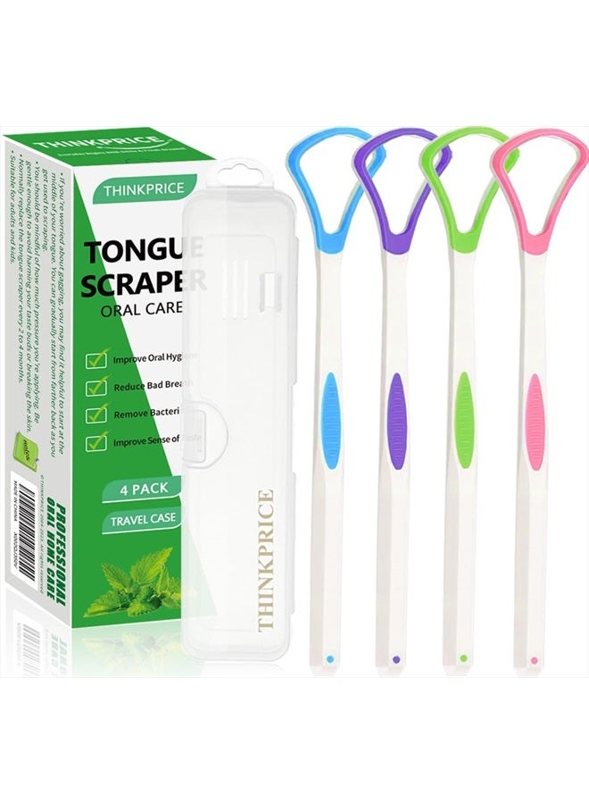 Tongue Scraper Cleaner 100% BPA Free Tongue Scrapers with Travel Handy Case for Adults, Kids, Healthy Oral Care, Easy to Use, Help Fight Bad Breath (4 PACK)