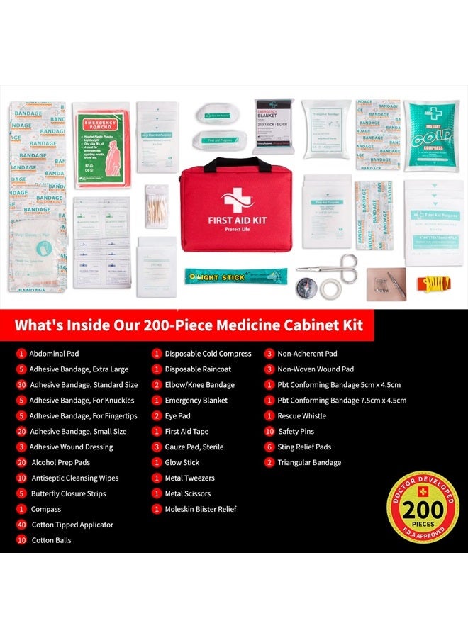 First Aid Kit for Home/Business | HSA/FSA Eligible Emergency Kit | Hiking First aid kit Camping | Travel First Aid Kit for Car|Small First Aid Kit Travel/Survival Medical kit - 200 Pieces