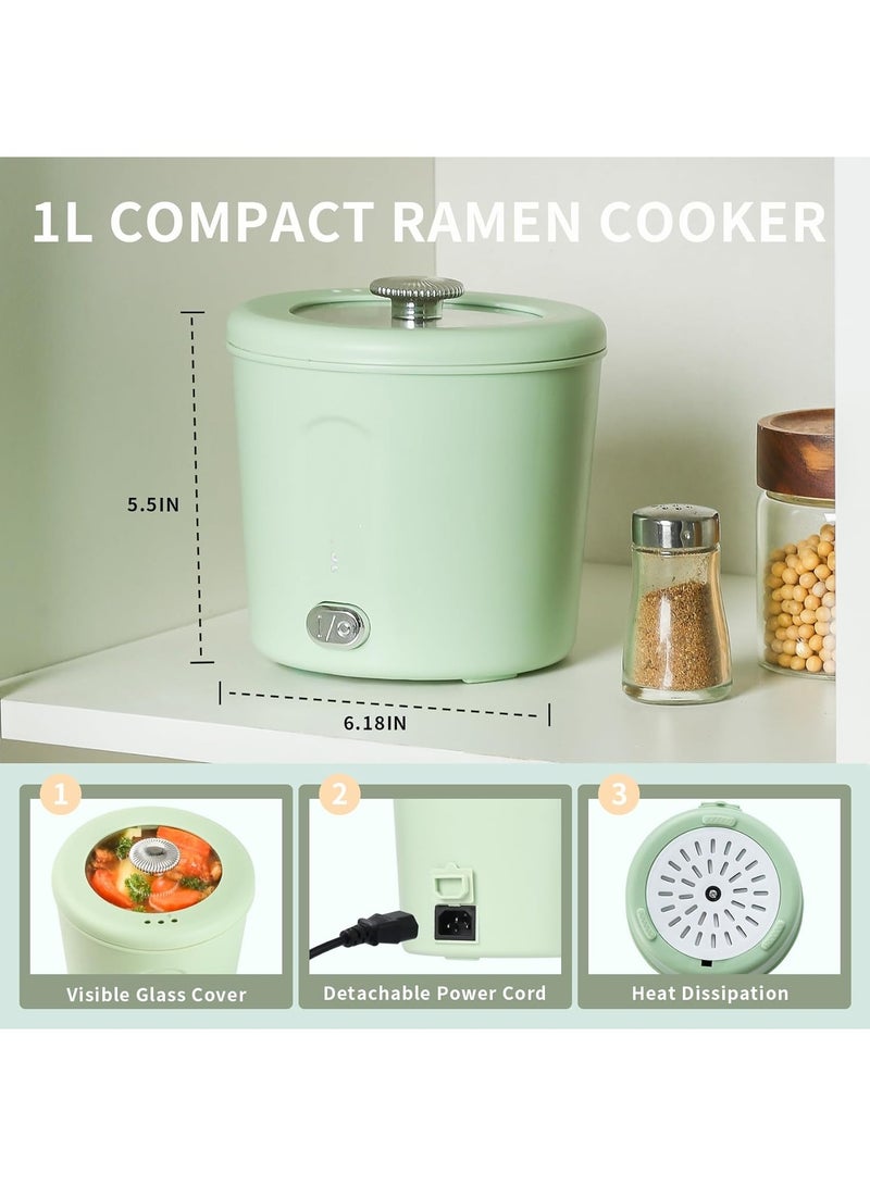 1L Mini Ramen Cooker, 450W Rapid Noodles Cooker, Multifunctional Electric Pot for Cooking Pasta, Egg, Soup, Portable Pot with Over-Heating Protection for Dorm, Office, Travel (Green)