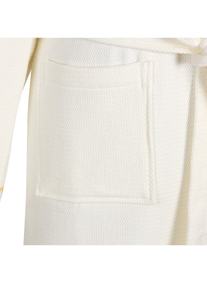 Waffle Trimmed Robe, Off-White & Gold