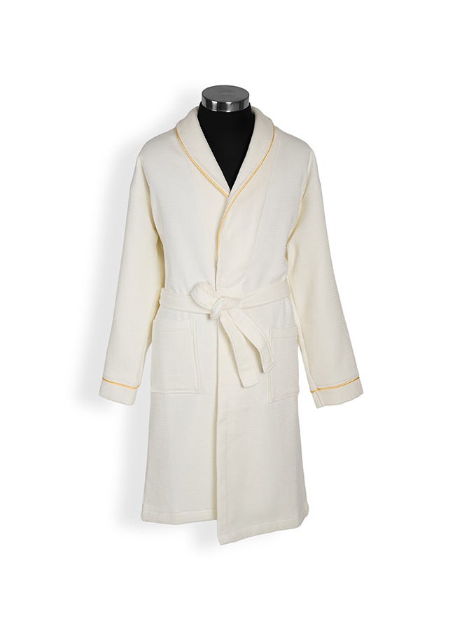 Waffle Trimmed Robe, Off-White & Gold