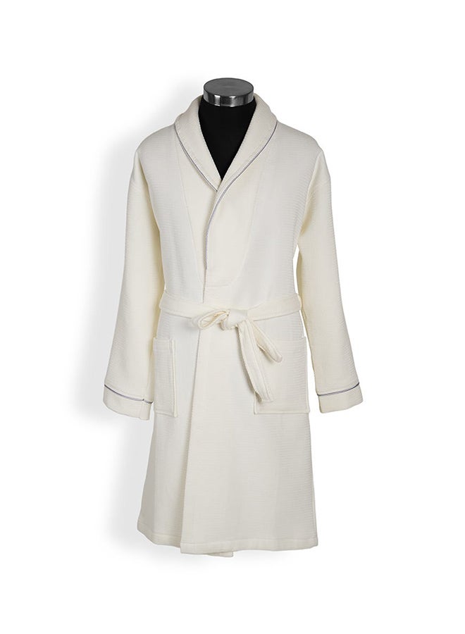 Waffle Trimmed Robe, Off-White & Silver - Medium