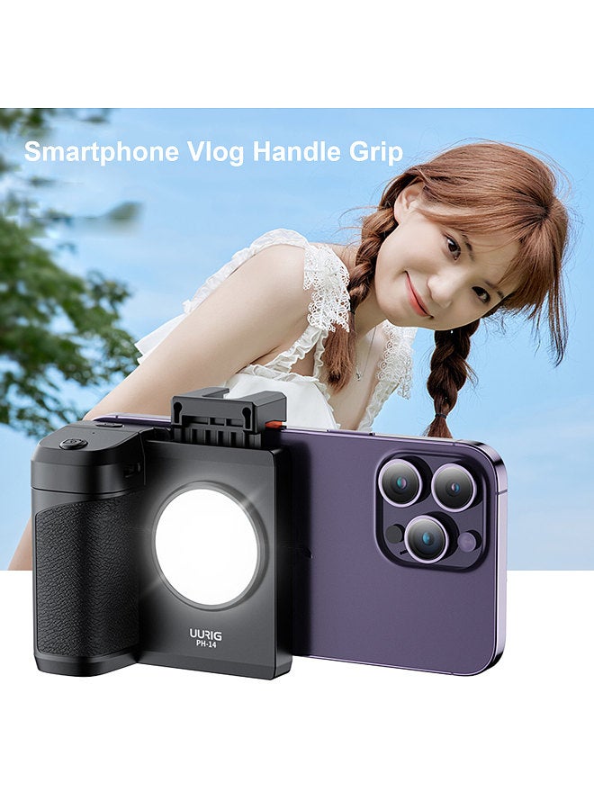 PH-14 Wireless Handle Grip Phone Holder Stabilizer for Smartphone Vlog Selfie Built-in LED Fill Light 3-Level Brightness with Cold Shoe Mount Detachable Remote Shutter Replacement