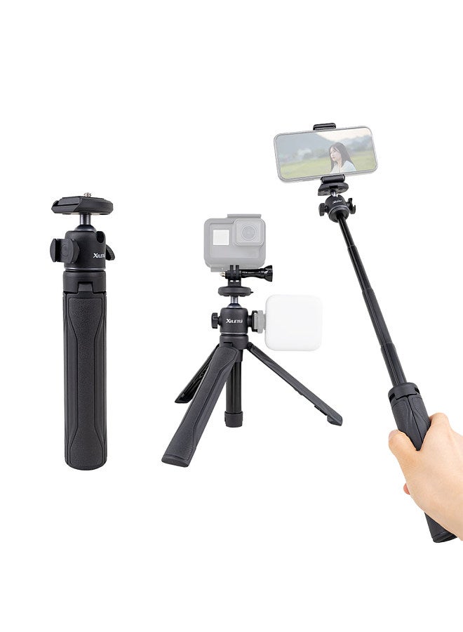 Q-5 18.7-Inch Mini Desktop Tripod Extendable Selfie Stick with 360°Rotatable Ball Head 4 Sections 1kg/2.2lbs Load Capacity with Phone Clip 1/4in Quick Release Plate & Sports Camera Adapter