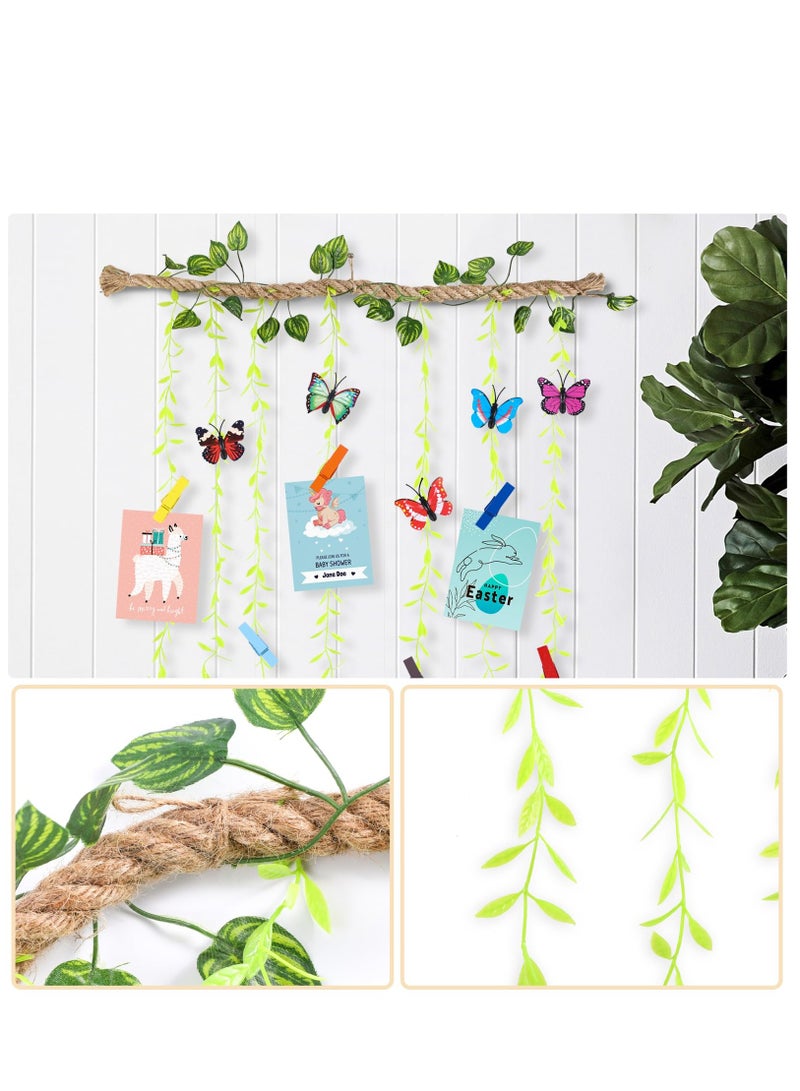 Wall Hanging Photo Display with Artificial Leaves Vines, Macrame Photo Holders, Boho Pictures Organizer for Wall Decoration, with 25 Wood Clips, for Home, Office, Classroom, Party, Wedding