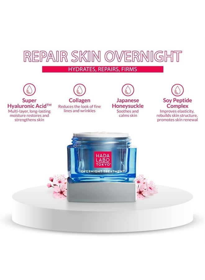 Anti-Aging Overnight Treatment, Hyaluronic Acid Night Cream for Intense Hydration, Skin Renewal with Collagen, Japanese Honeysuckle, Soy Peptides, Moisturizing Face Cream, 1.76 oz