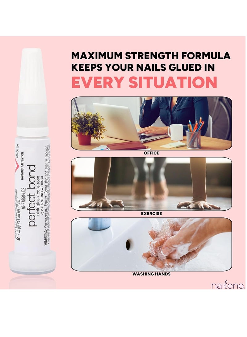 Nailene Perfect Bond Nail Glue - Durable, Easy to Apply False Nail Glue – Repairs Natural Nails – Quick-Drying Nail Adhesive Lasts Up to 7 Days - Pink Tint - 2 g/0.07 oz - 2 Pack