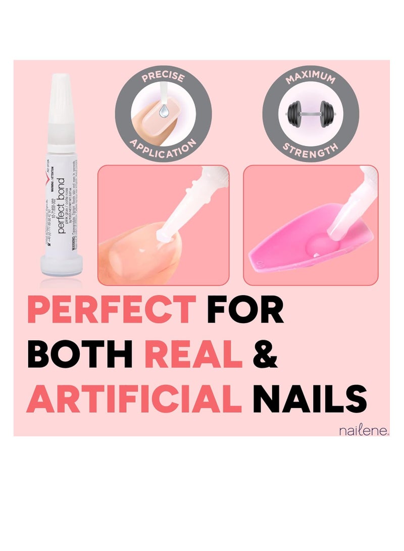 Nailene Perfect Bond Nail Glue - Durable, Easy to Apply False Nail Glue – Repairs Natural Nails – Quick-Drying Nail Adhesive Lasts Up to 7 Days - Pink Tint - 2 g/0.07 oz - 2 Pack