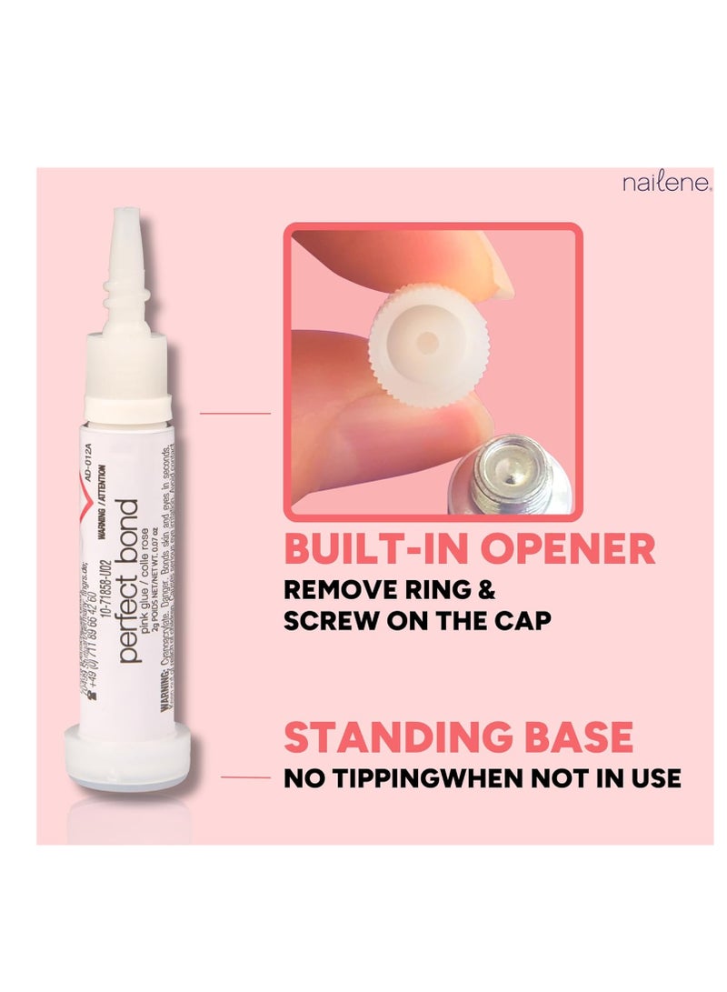 Nailene Perfect Bond Nail Glue - Durable, Easy to Apply False Nail Glue – Repairs Natural Nails – Quick-Drying Nail Adhesive Lasts Up to 7 Days - Pink Tint - 2 g/0.07 oz - 2 Pack
