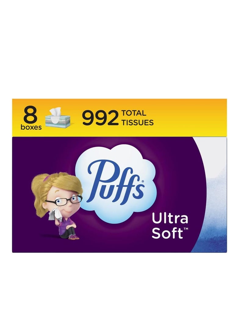 Puffs Ultra Soft Non-Lotion Facial Tissue, 8 Family Boxes, 124 Facial Tissues per Box