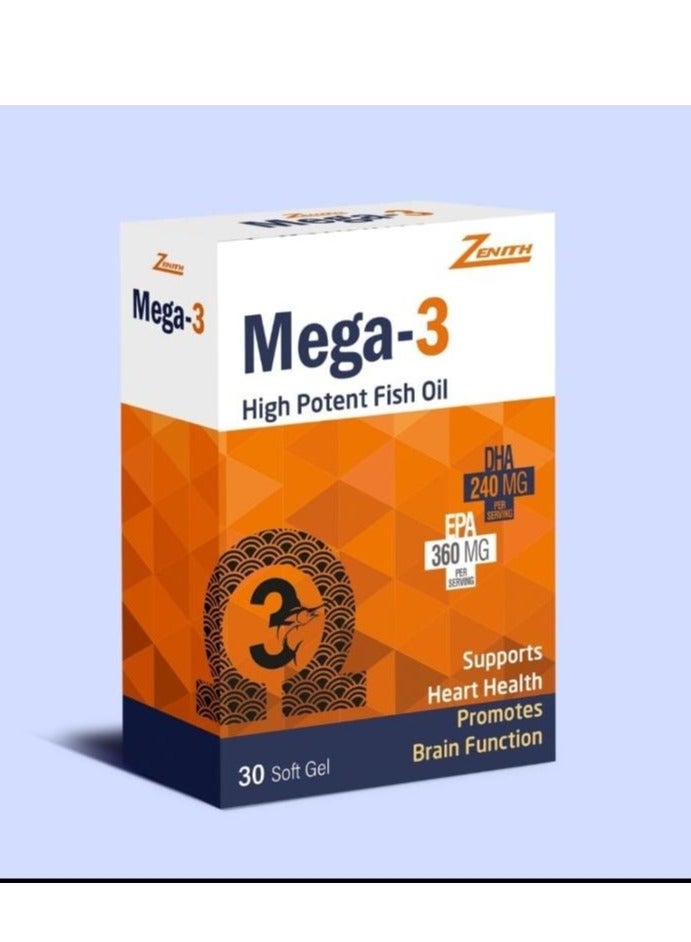 Mega-3 High Potent Fish Oil Soft Gel for Heart and Brain Supports 30's