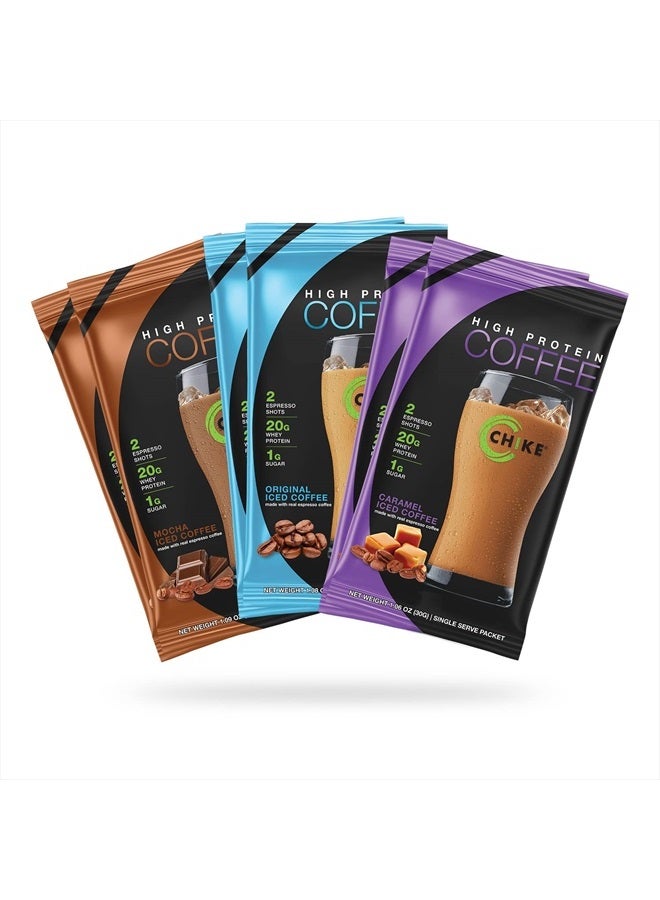 Best Sellers High Protein Iced Coffee Sampler Pack, 20 G Protein, 2 Shots Espresso, 1 G Sugar, Keto Friendly and Gluten Free, 6 Single Serve Packets