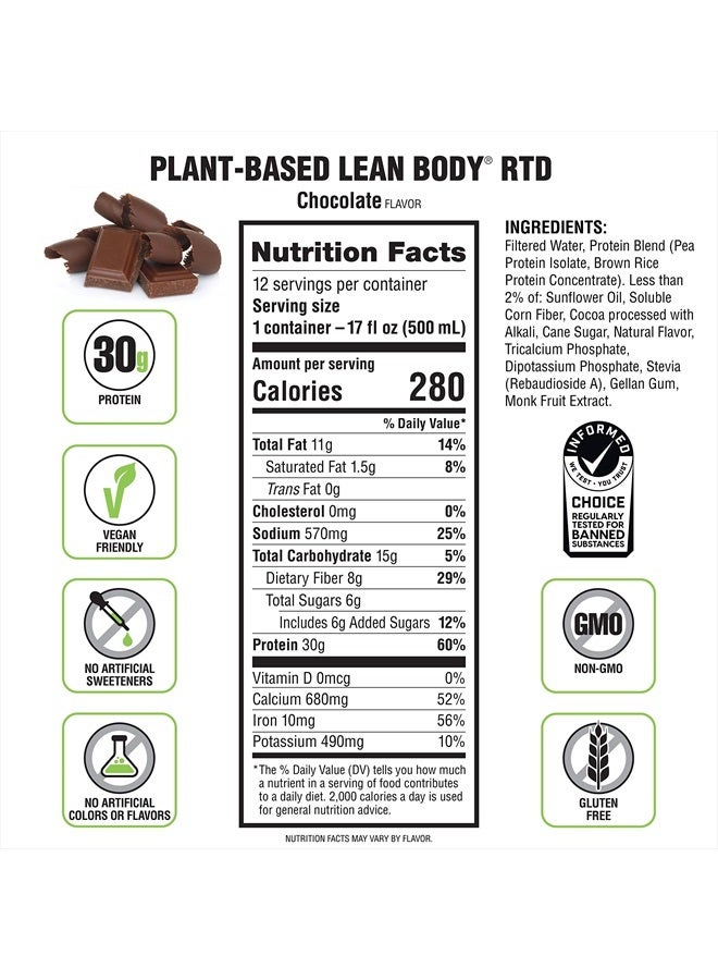 Lean Body Ready-to-Drink, Plant-Based Vegan Chocolate Protein Shake, 30g Protein, No Artificial Flavors, Sweeteners or Colors, Non GMO, Gluten Free, Premium Pea & Rice Blend (Pack of 12)