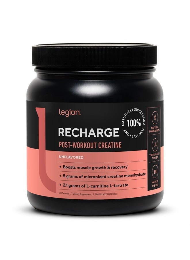 Recharge Post Workout Supplement - All Natural Muscle Builder & Recovery Drink with Micronized Creatine Monohydrate Naturally Sweetened & Flavored (Unflavored, 60 Servings, Pack of 1)