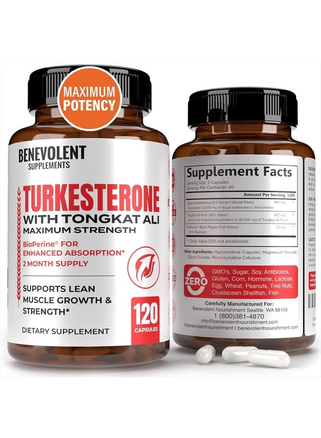 Turkesterone 8,000mg [Highest Purity] + BioPerine® for High Absorption Supplement with Tongkat Ali - Increase Stamina, Lean Muscle Growth & Recovery, Boosts Drive 3rd Party Tested 2 Months Supply