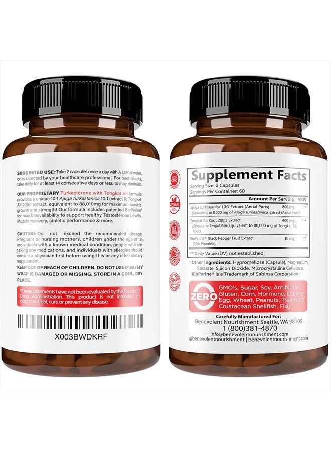 Turkesterone 8,000mg [Highest Purity] + BioPerine® for High Absorption Supplement with Tongkat Ali - Increase Stamina, Lean Muscle Growth & Recovery, Boosts Drive 3rd Party Tested 2 Months Supply