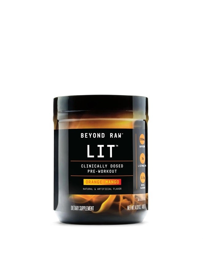 LIT | Clinically Dosed Pre-Workout Powder | Contains Caffeine, L-Citrulline, Beta-Alanine, and Nitric Oxide | Orange Mango | 30 Servings