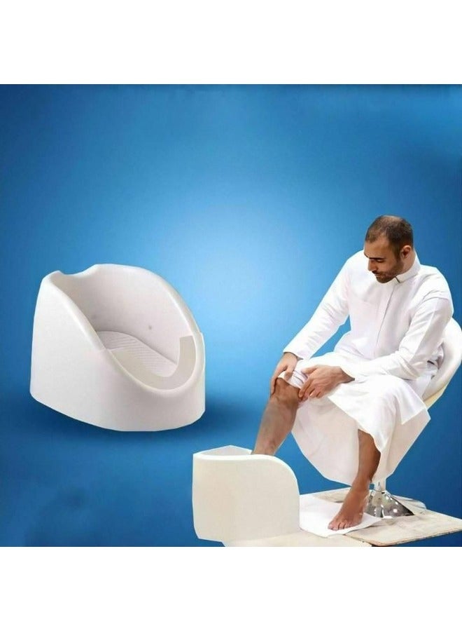 A foot washing device for washing feet for ablution for the elderly and sick. Ablution device and a light for washing feet.