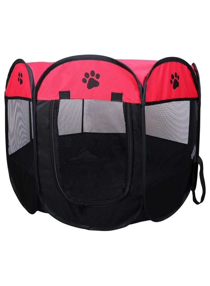 Octagonal Pet Dog And Cat House, Portable Kennel Puppy Bed House Foldable Tent Fence, Indoor Outdoor Use, Black And Red, Pet Bed