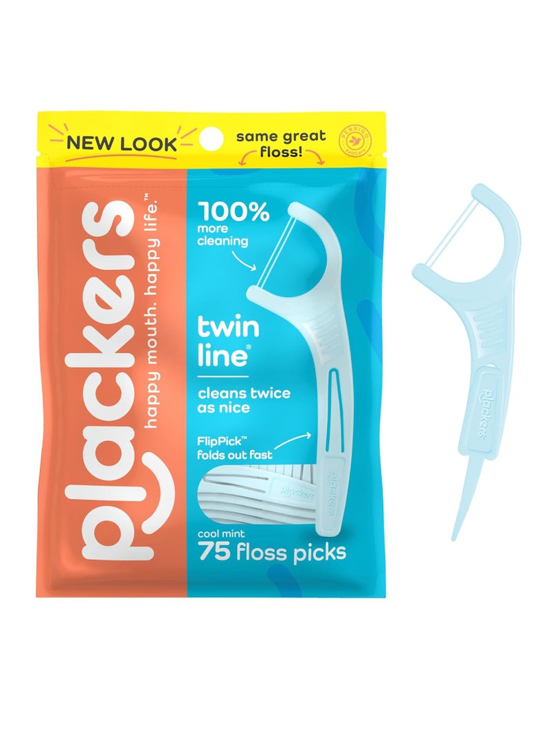 Plackers Twin-Line Dental Flossers, Cool Mint Flavor, Dual Action Flossing System, Easy Storage, Super Tuffloss, 2X The Clean, 75 Count