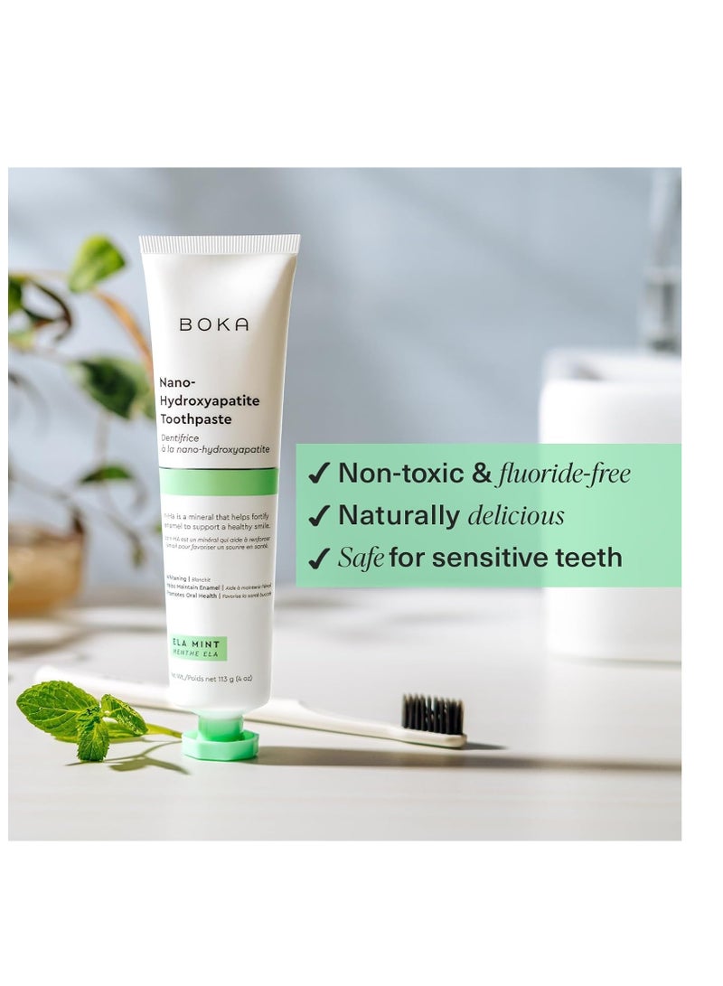 Boka Fluoride Free Toothpaste - Nano Hydroxyapatite, Remineralizing, Sensitive Teeth, Whitening - Dentist Recommended for Adult & Kids Oral Care - Ela Mint Flavor, 4 Fl Oz 1 Pk - US Manufactured