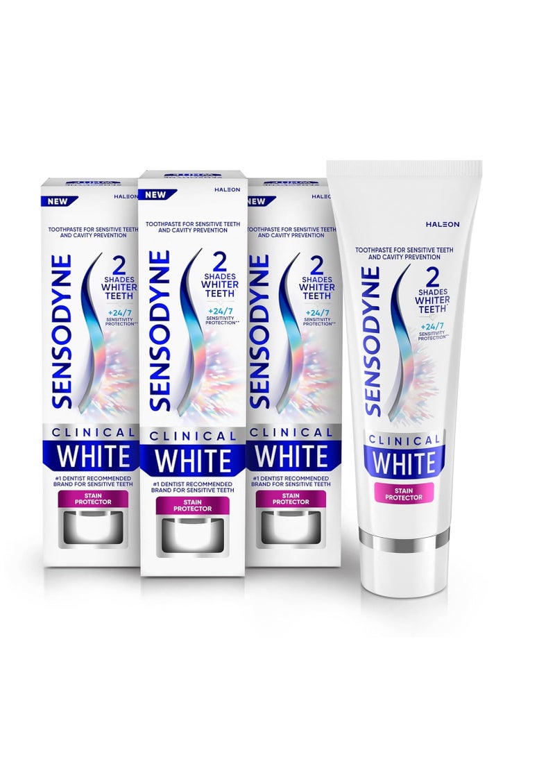 Sensodyne Clinical White Toothpaste Clinically Proven Whitening for Sensitive Teeth, Stain Protector, 3.4 oz x 3