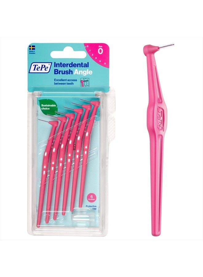 Interdental Brush Angle, Angled Dental Brush for Teeth Cleaning, Pack of 6, 0.44 mm, Extra-Small/Small Gaps, Pink, Size 0