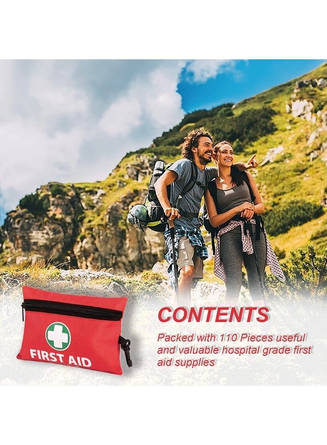 Mini First Aid Kit, 110 Piece Small First Aid Kit - Includes Emergency Foil Blanket, Scissors for Travel, Home, Office, Vehicle, Camping, Workplace & Outdoor (Red)