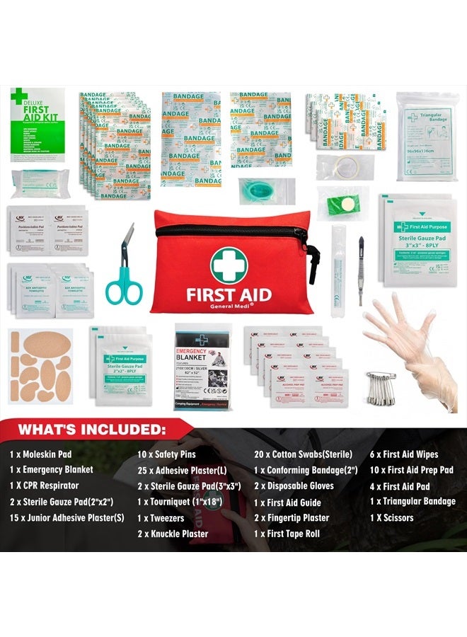 Mini First Aid Kit, 110 Piece Small First Aid Kit - Includes Emergency Foil Blanket, Scissors for Travel, Home, Office, Vehicle, Camping, Workplace & Outdoor (Red)