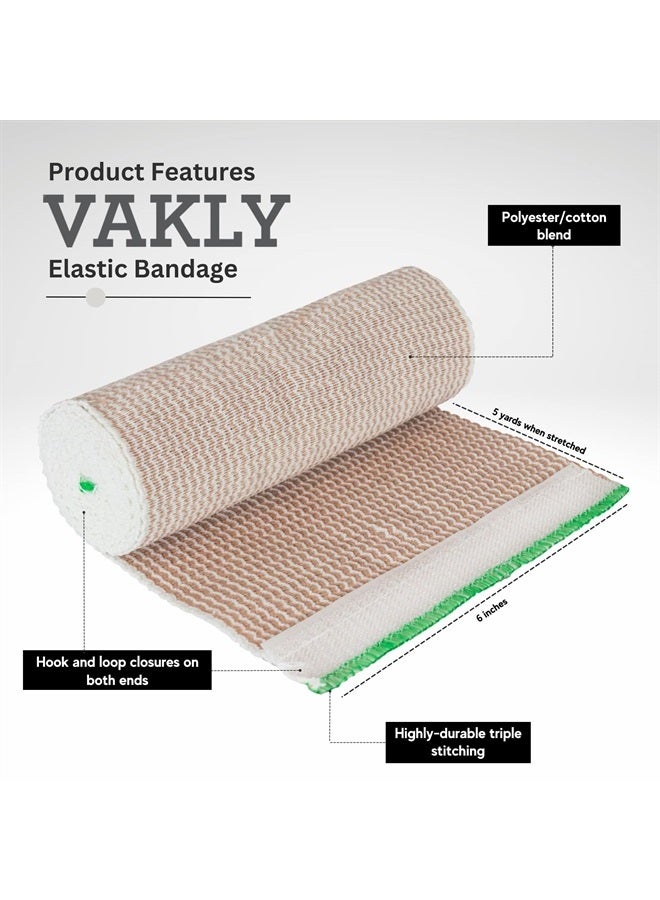Elastic Bandage Wrap with Self-Closure [Pack of 10] 6 Inch Comfort Athletic Compression Roll, 5 Yards Stretched for Customized Compression on Knee, Ankle, Wrist + Vakly First Aid Kit Guide (6''X10)