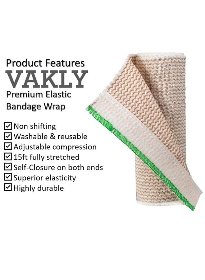 Elastic Bandage Wrap with Self-Closure [Pack of 10] 6 Inch Comfort Athletic Compression Roll, 5 Yards Stretched for Customized Compression on Knee, Ankle, Wrist + Vakly First Aid Kit Guide (6''X10)