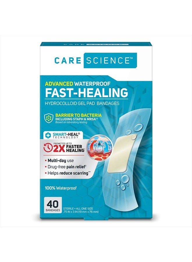 Fast-Healing Waterproof Hydrocolloid Gel Pad Bandages, 0.75 in x 3 in, 40 ct | 100% Waterproof Seal, 2X Faster Healing, for Blisters or Wound Care