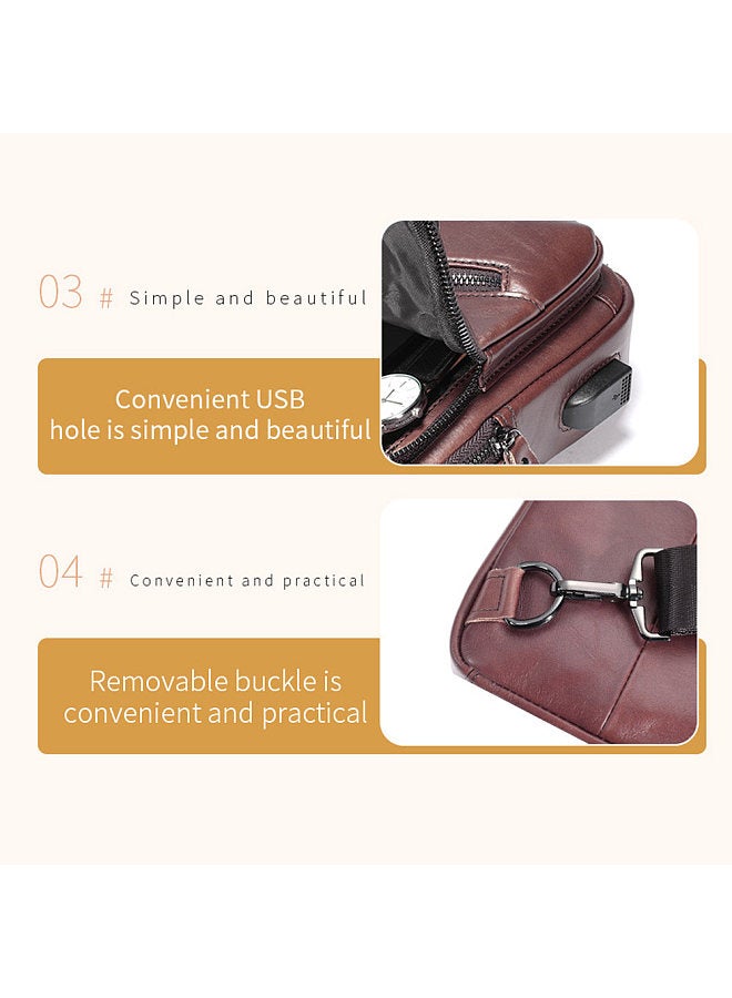 Genuine Leather Sling Bag Men Shoulder Bag Multi-pocket Chest Bag with USB Charging Port