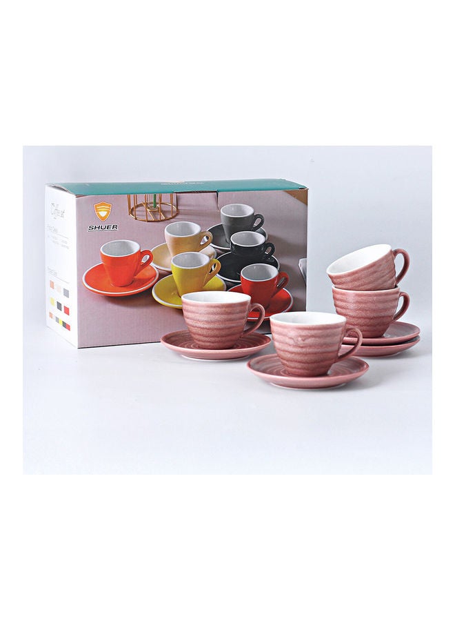 8-Piece Kiln Variable Glaze Round Ceramic Coffee Cup And Saucer Pink 11x9x6.5cm