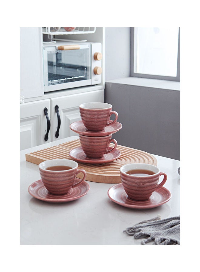 8-Piece Kiln Variable Glaze Round Ceramic Coffee Cup And Saucer Pink 11x9x6.5cm