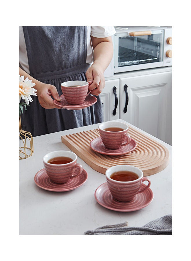 8-Piece Kiln Variable Glaze Round Ceramic Coffee Cup And Saucer Pink 11x9x6.5cm