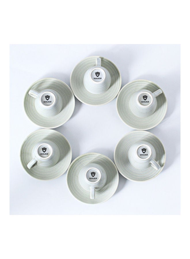 12-Piece Kiln Variable Glaze Round Linear Ceramic Cup And Saucer Light Green 9x5.4x5.4cm