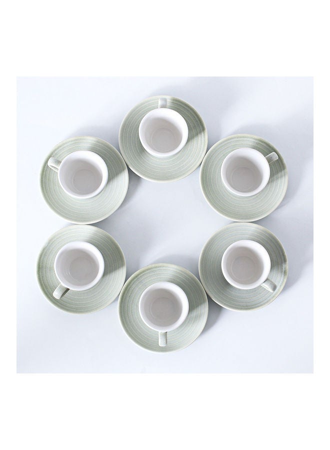 12-Piece Kiln Variable Glaze Round Linear Ceramic Cup And Saucer Light Green 9x5.4x5.4cm