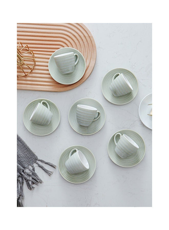12-Piece Kiln Variable Glaze Round Linear Ceramic Cup And Saucer Light Green 9x5.4x5.4cm