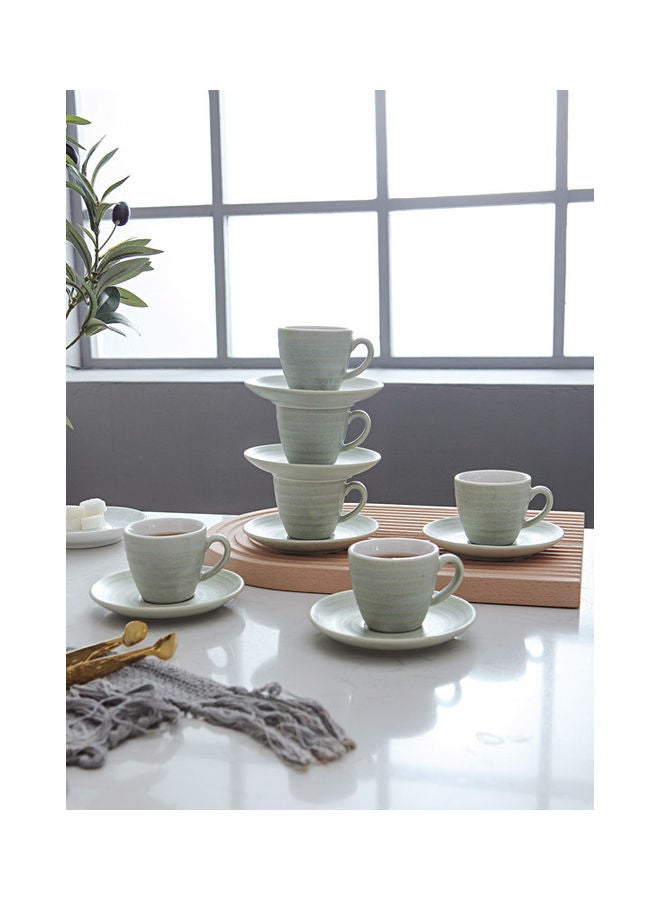 12-Piece Kiln Variable Glaze Round Linear Ceramic Cup And Saucer Light Green 9x5.4x5.4cm