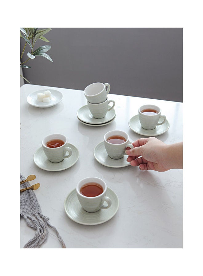 12-Piece Kiln Variable Glaze Round Linear Ceramic Cup And Saucer Light Green 9x5.4x5.4cm