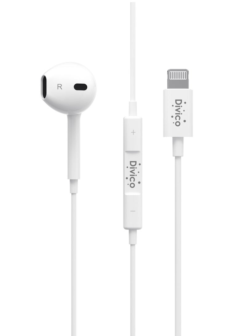 Divico Mono Single Earphone with Lightning Connector Compatible with Apple Lightning Devices for iPhone 14/13/12/11/XR/XS/X/8/7 (White)
