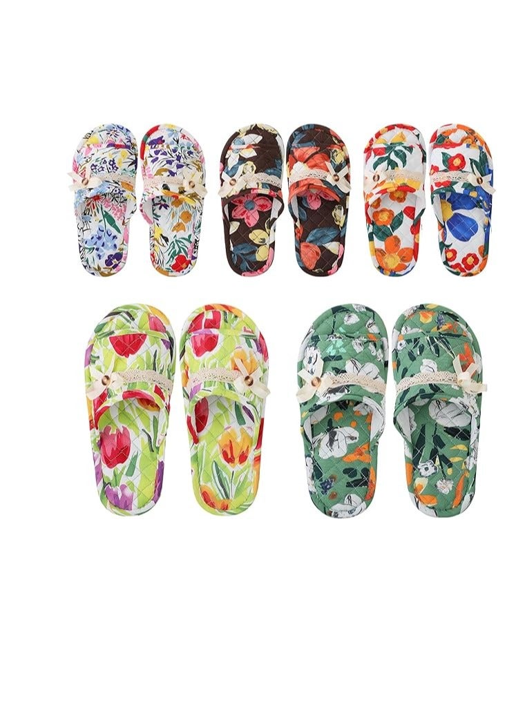 5 Pairs Floral Cotton House Slippers for Women, Soft Open Toe Indoor Spa Slippers for Guests Washable Comfortable Portable Slippers Non Slip Slippers for Hotel Travel Bedroom Airplane Party