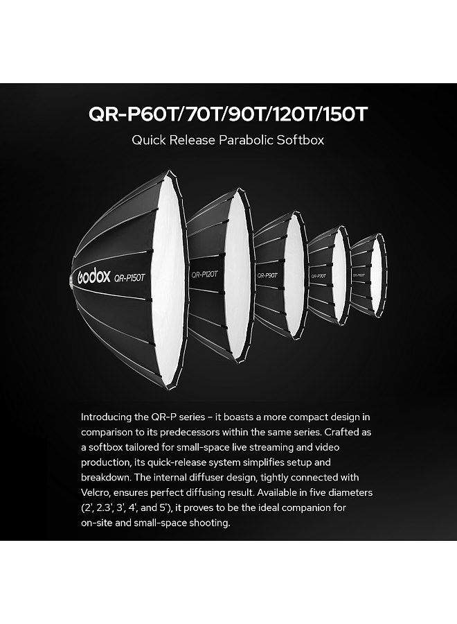 QR-P150T 150cm/59in Quick Release Parabolic Softbox Professional Foldable Softbox with Standard Bowen Mount & Diffusers for Photography Studio Photography Portrait Live Stream
