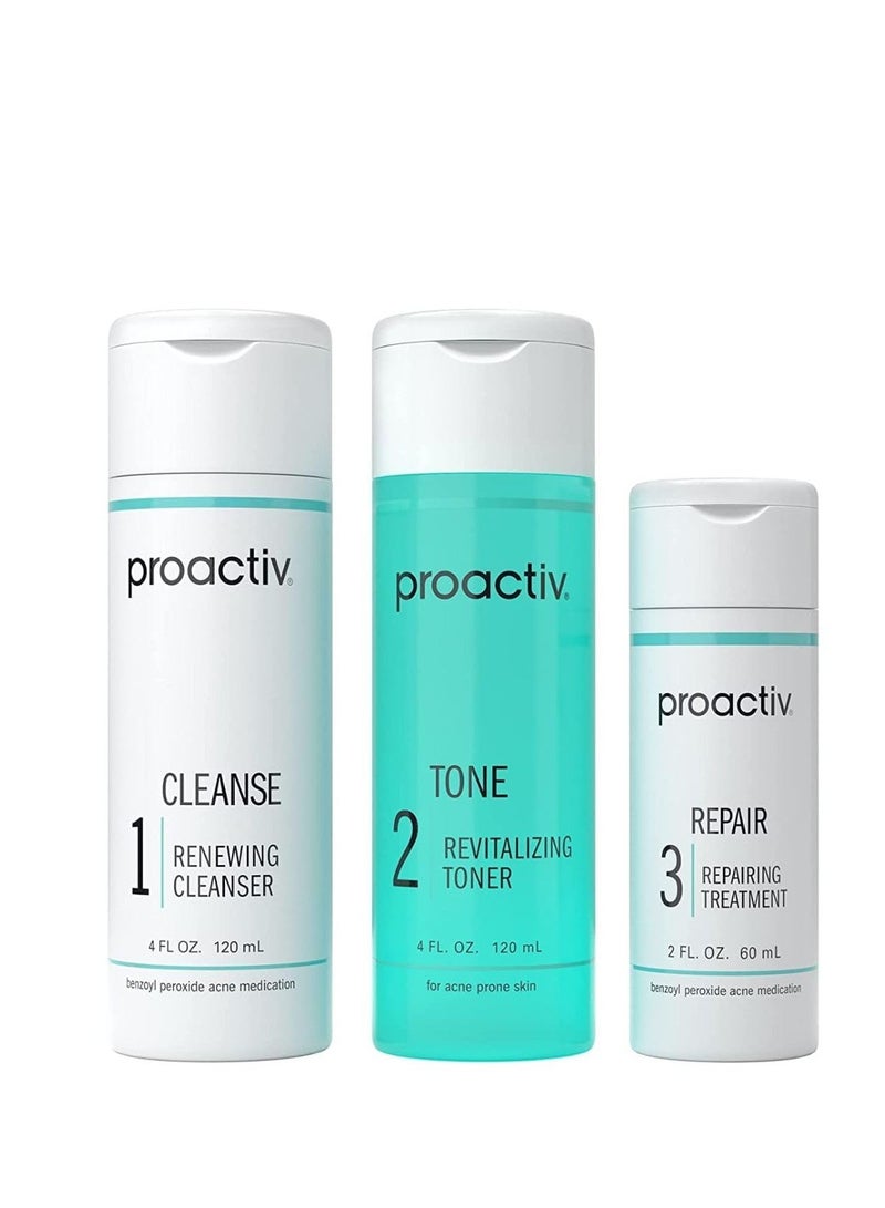 Proactiv 3 Step Acne Treatment - Benzoyl Peroxide Face Wash, Repairing Acne Spot Treatment for Face And Body, Exfoliating Toner - 60 Day Complete Acne Skin Care Kit, Multicolor