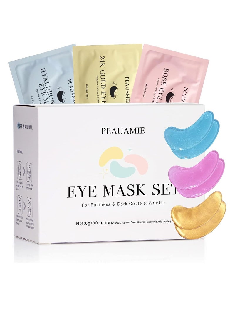 PEAUAMIE Under Eye Patches (30 Pairs) Gold Eye Mask and Hyaluronic Acid Eye Patches for puffy eyes,Rose Eye Masks for Dark Circles and Puffiness under eye treatment skin care products…