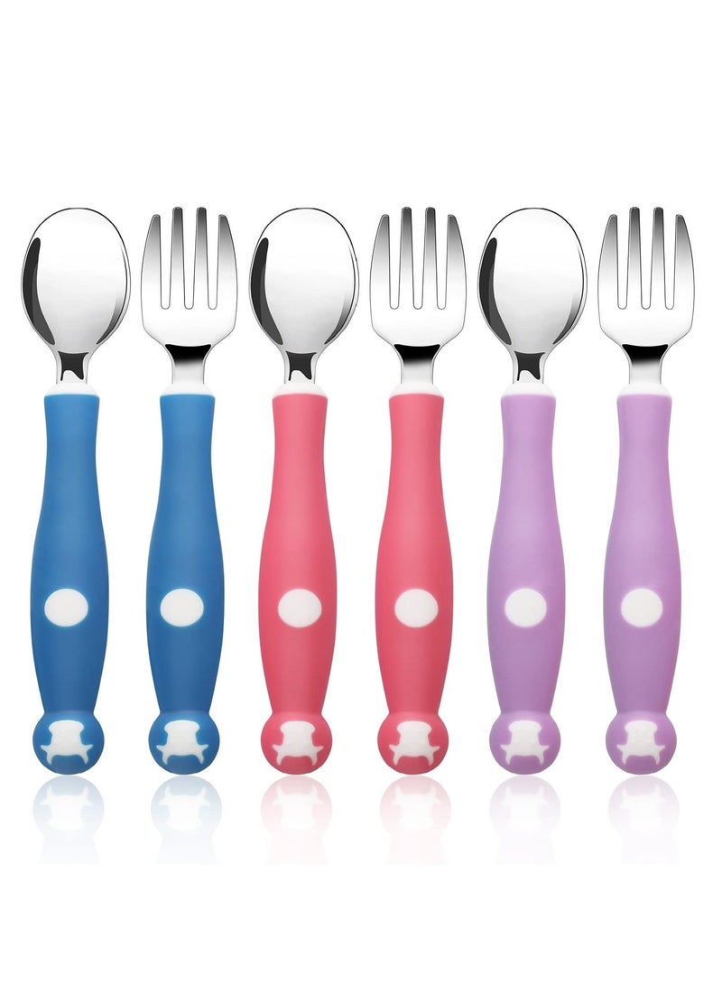 6 Pieces Toddler Silverware Set with Silicone Handle Kids Utensils Forks and Spoons, 316 Stainless Steel & Food Grade Silicone, Bendable Baby Cutlery Childrens Safe Flatware Sets