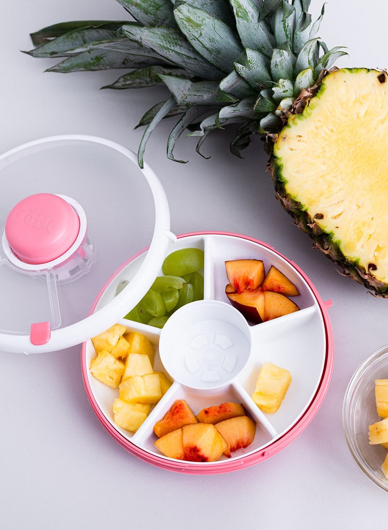 Gobe Kids Snack Spinner Bundle with Hand Strap and Sticker Sheet - Reusable Snack Container with 5 Compartment Dispenser and Lid BPA and PVC Free Dishwasher Safe No Spill