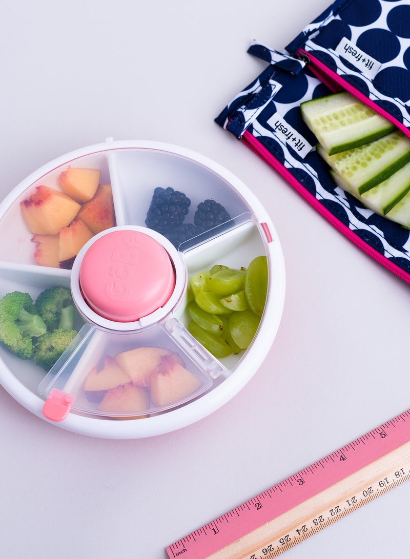 Gobe Kids Snack Spinner Bundle with Hand Strap and Sticker Sheet - Reusable Snack Container with 5 Compartment Dispenser and Lid BPA and PVC Free Dishwasher Safe No Spill